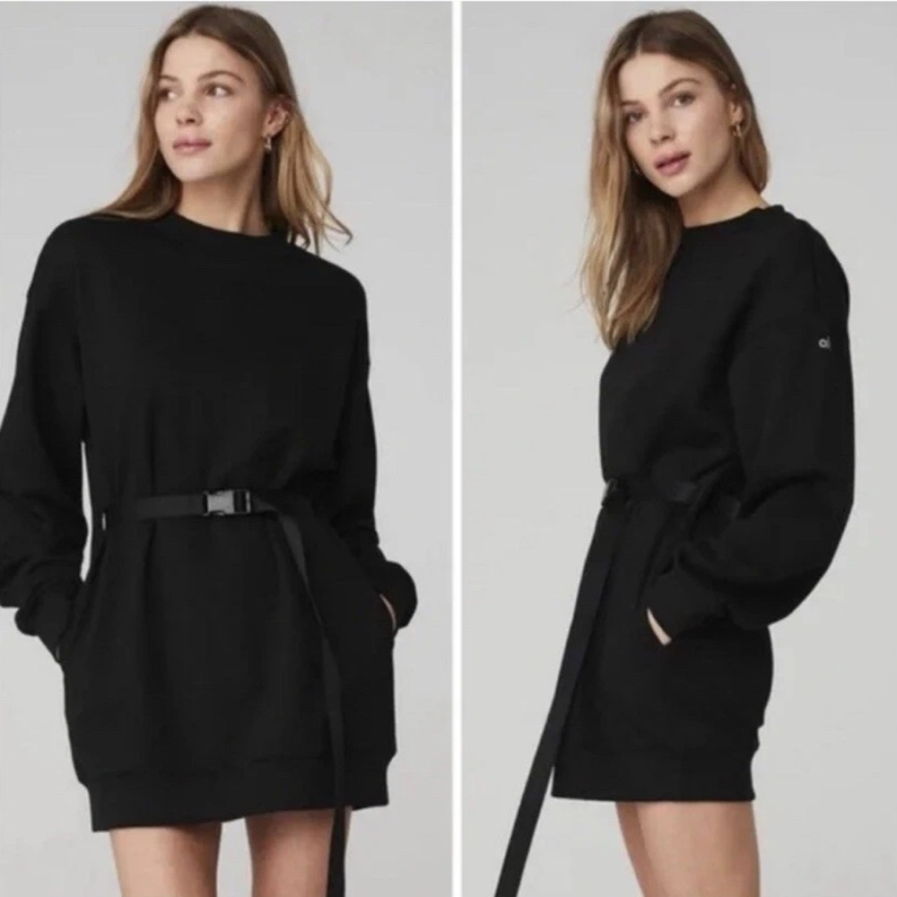 Alo Yoga Cityscape Crewneck Sweatshirt Tunic Dress Black Belt Pockets Sz M NWT